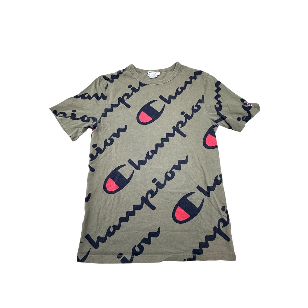 Champion Heritage Mens Small Olive Green graphic script T-Shirt Short Sleeve